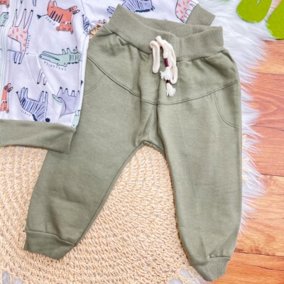 Conj. Jaqueta de Linho Ursinhos e Calça de Moletom - Verde